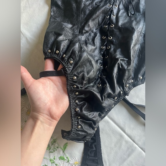 Vintage XTC Black Leather Sexy Lace Up Bodysuit Size L Deadstock - Picture 3 of 12